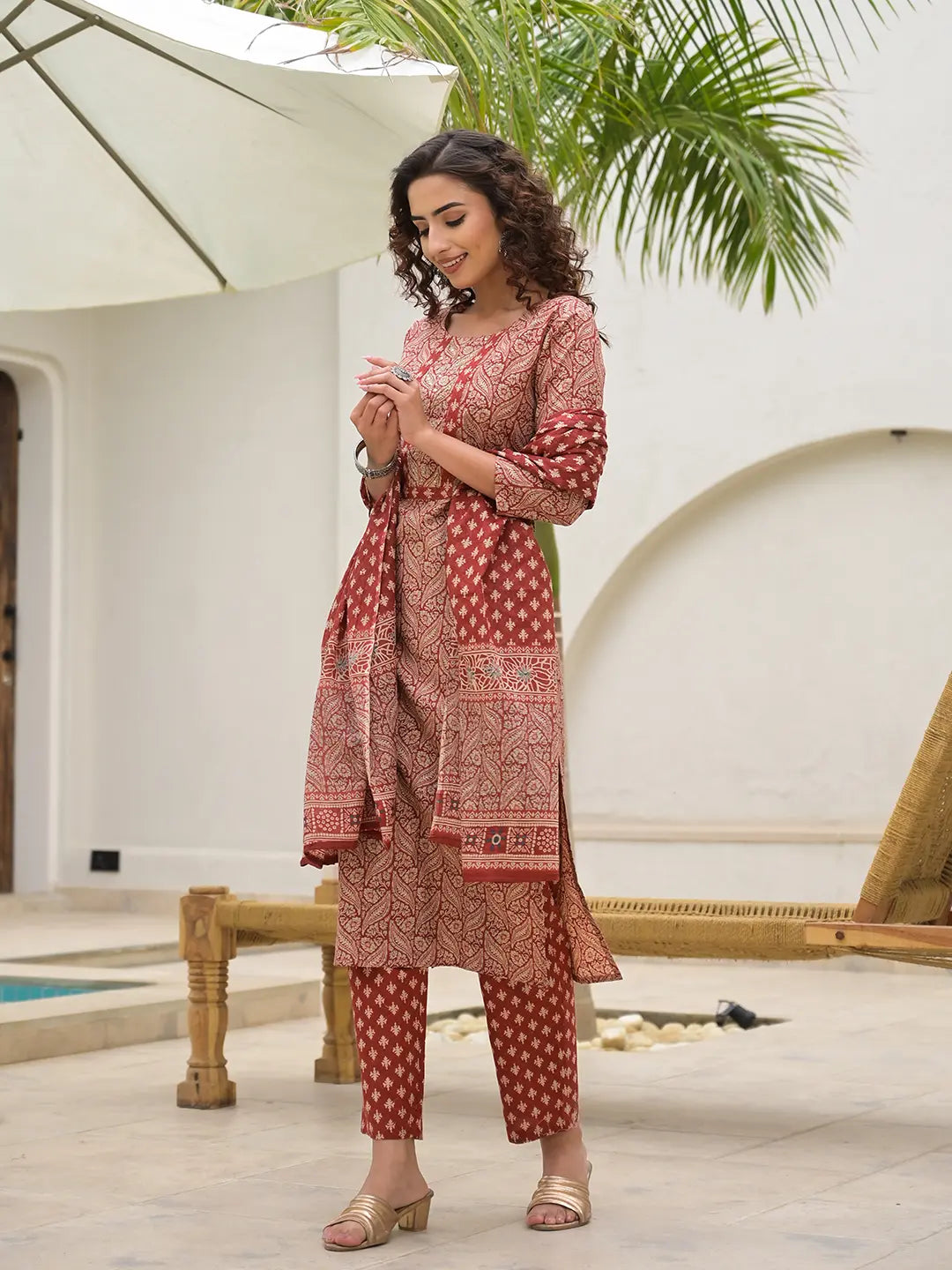 Yufta Embroidered Printed Maroon Cotton Kurta Set With Dupatta Set