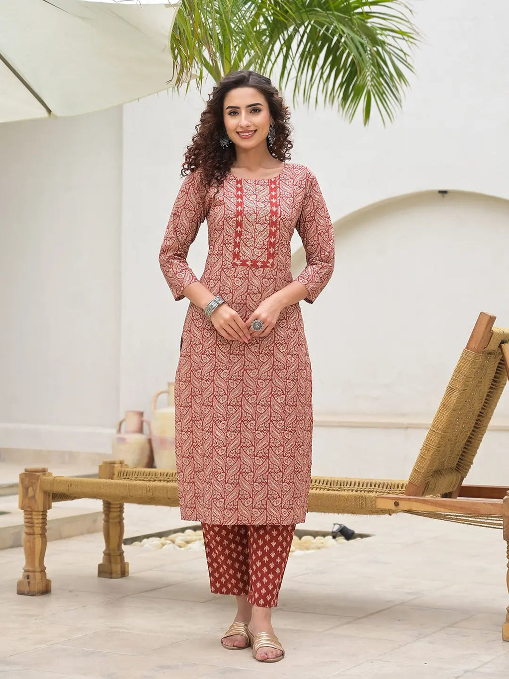 Yufta Embroidered Printed Maroon Cotton Kurta Set With Dupatta Set