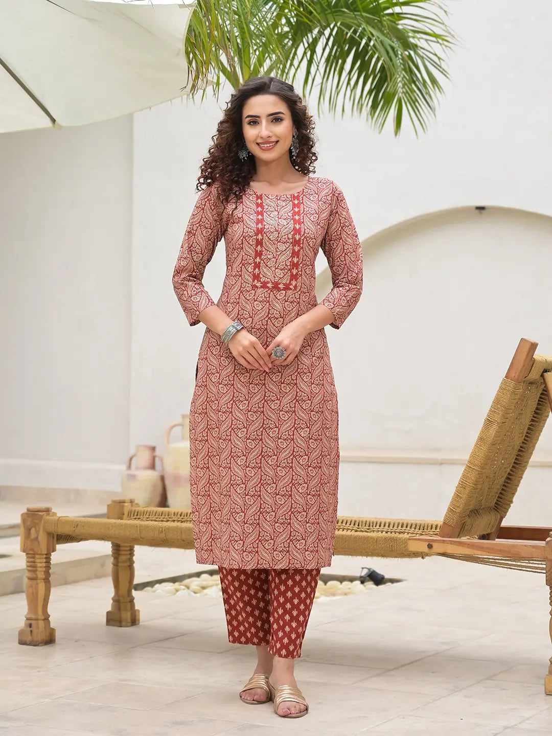 Yufta Embroidered Printed Maroon Cotton Kurta Set With Dupatta Set