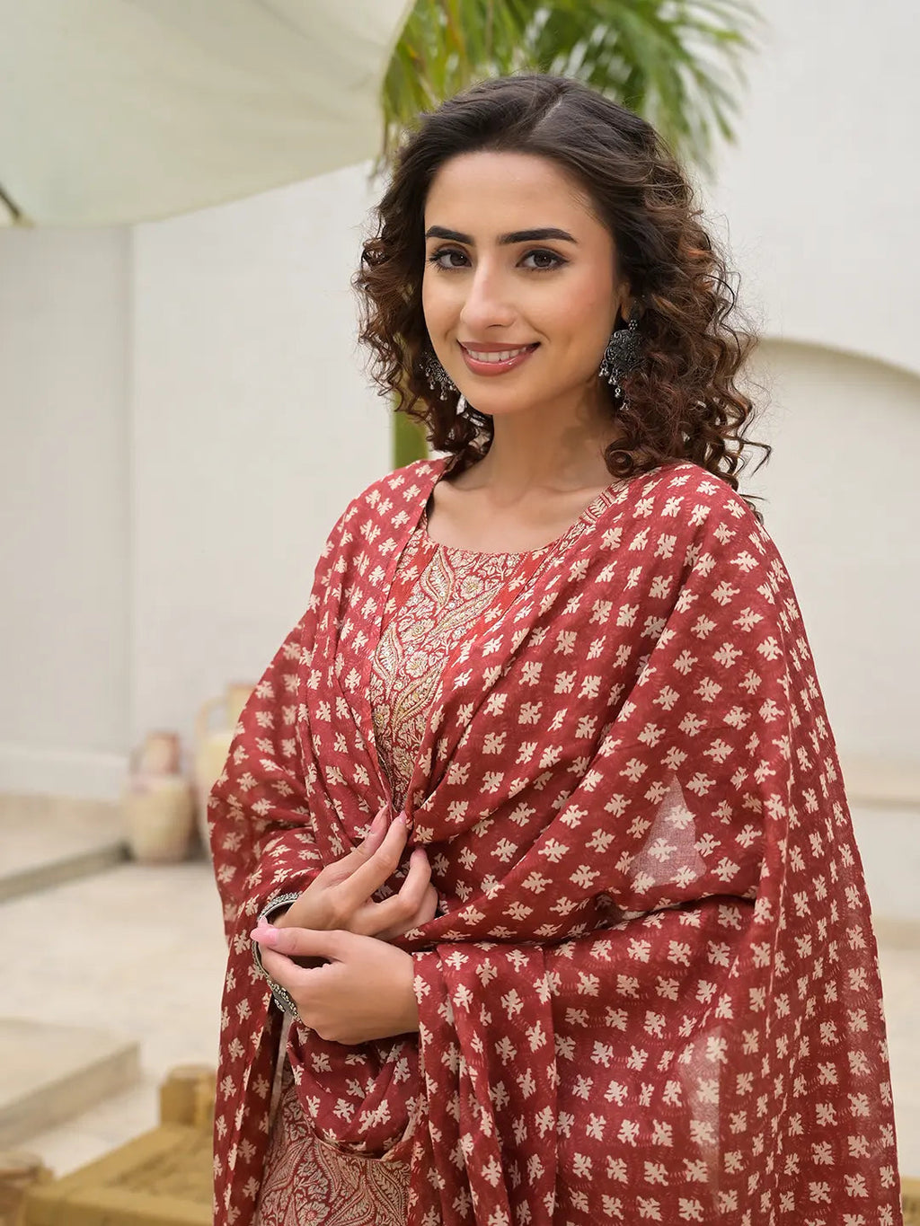 Eksilai Embroidered Printed Maroon Cotton Kurta Set With Dupatta Set
