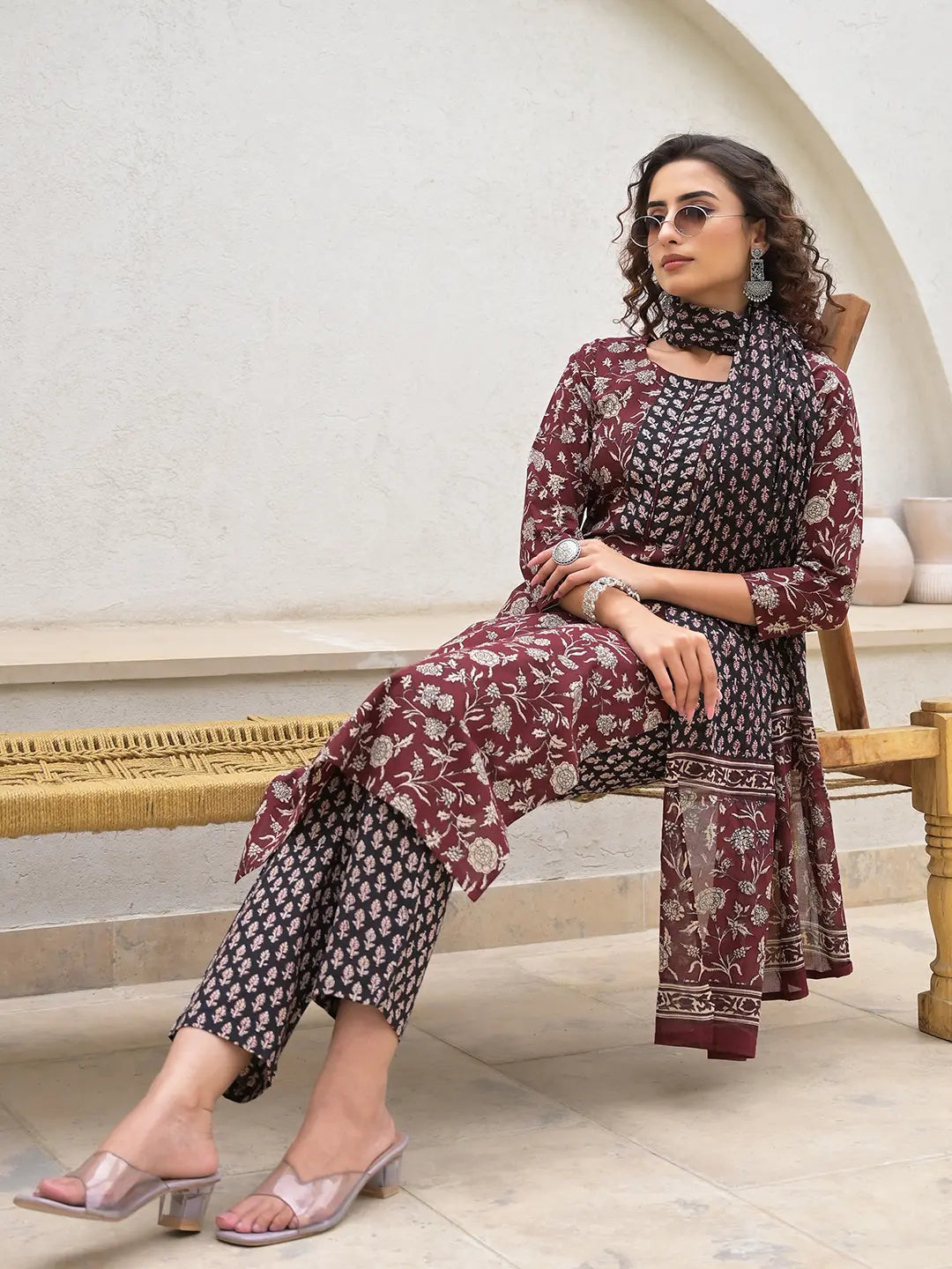 Yufta Piping On Yoke Floral Print Maroon Cotton Kurta Set With Dupatta Set