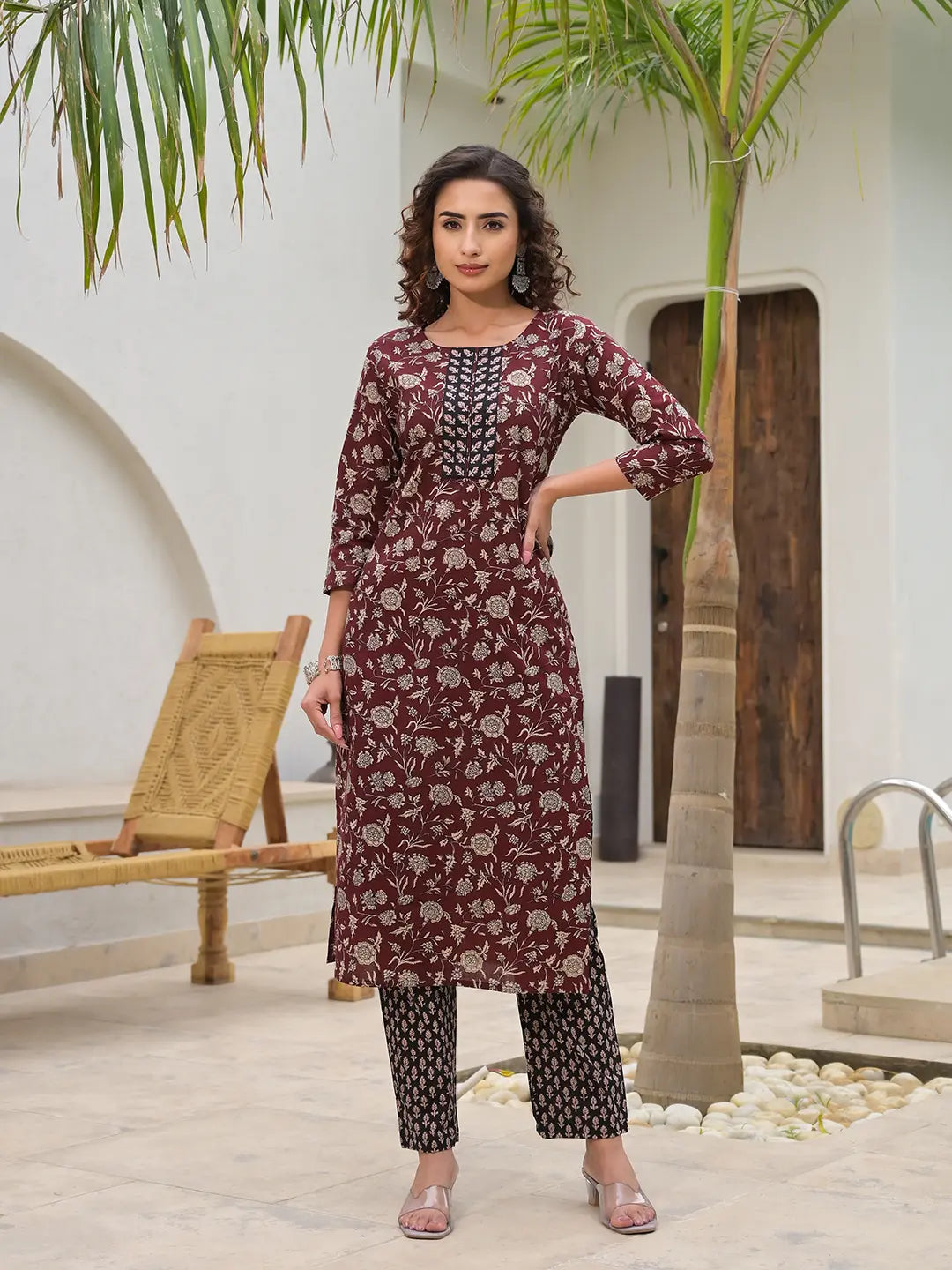 Eksilai Piping On Yoke Floral Print Maroon Cotton Kurta Set With Dupatta Set