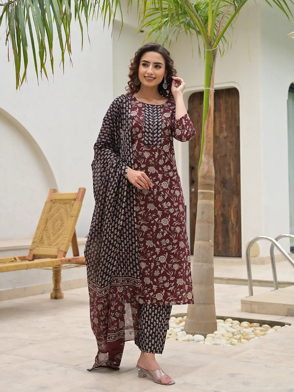 Eksilai Piping On Yoke Floral Print Maroon Cotton Kurta Set With Dupatta Set